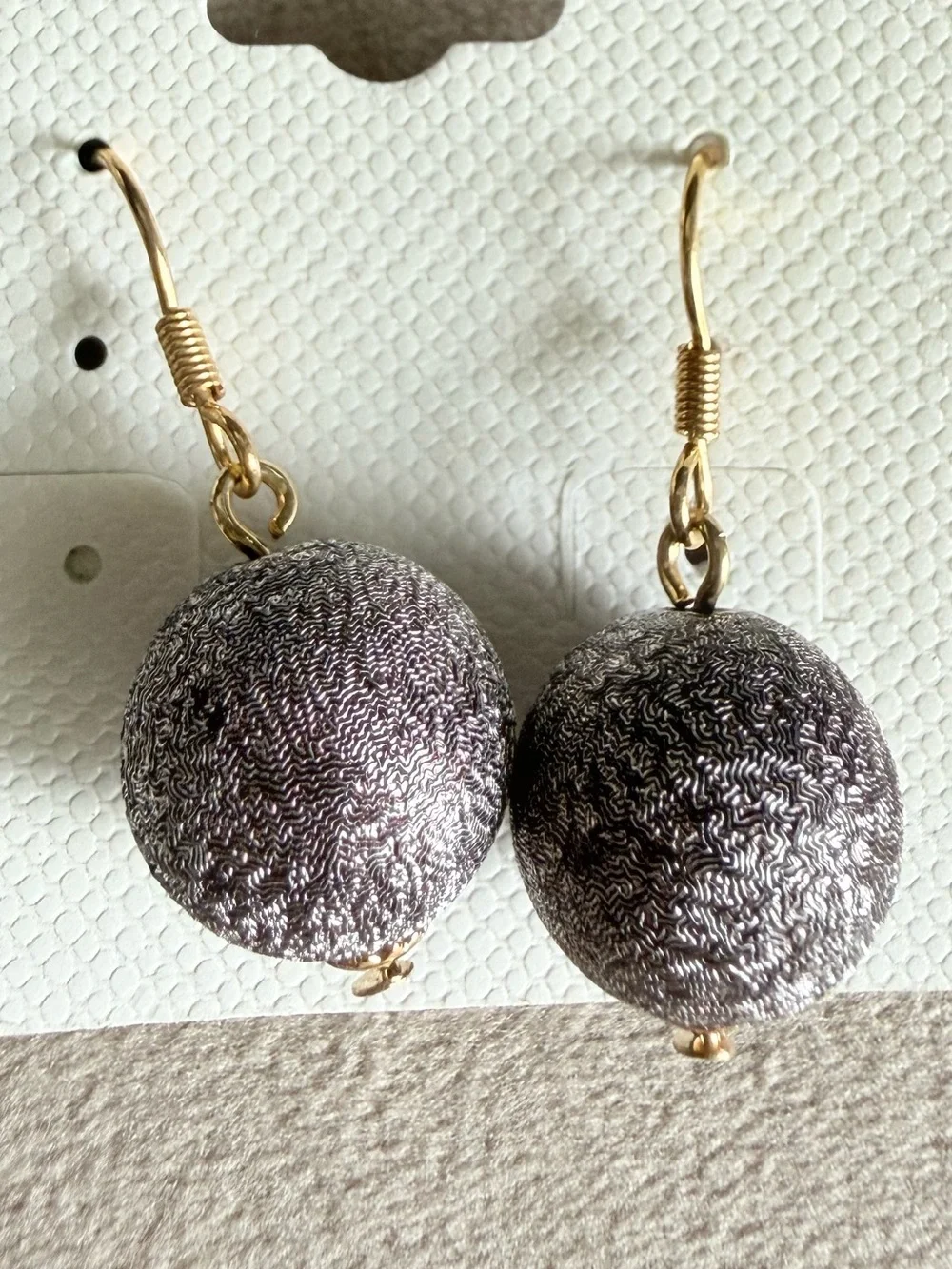Gold Hook Grey Fabric Ball Drop Earrings